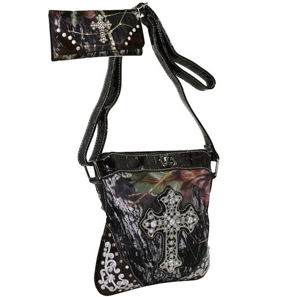 Gold Rush MG21WC106SET-CAM Rhinestone Cross Embroidery Messenger Bag with Matching Wallet - Cam & Brown Trim MG21WC106SET-CAM - main